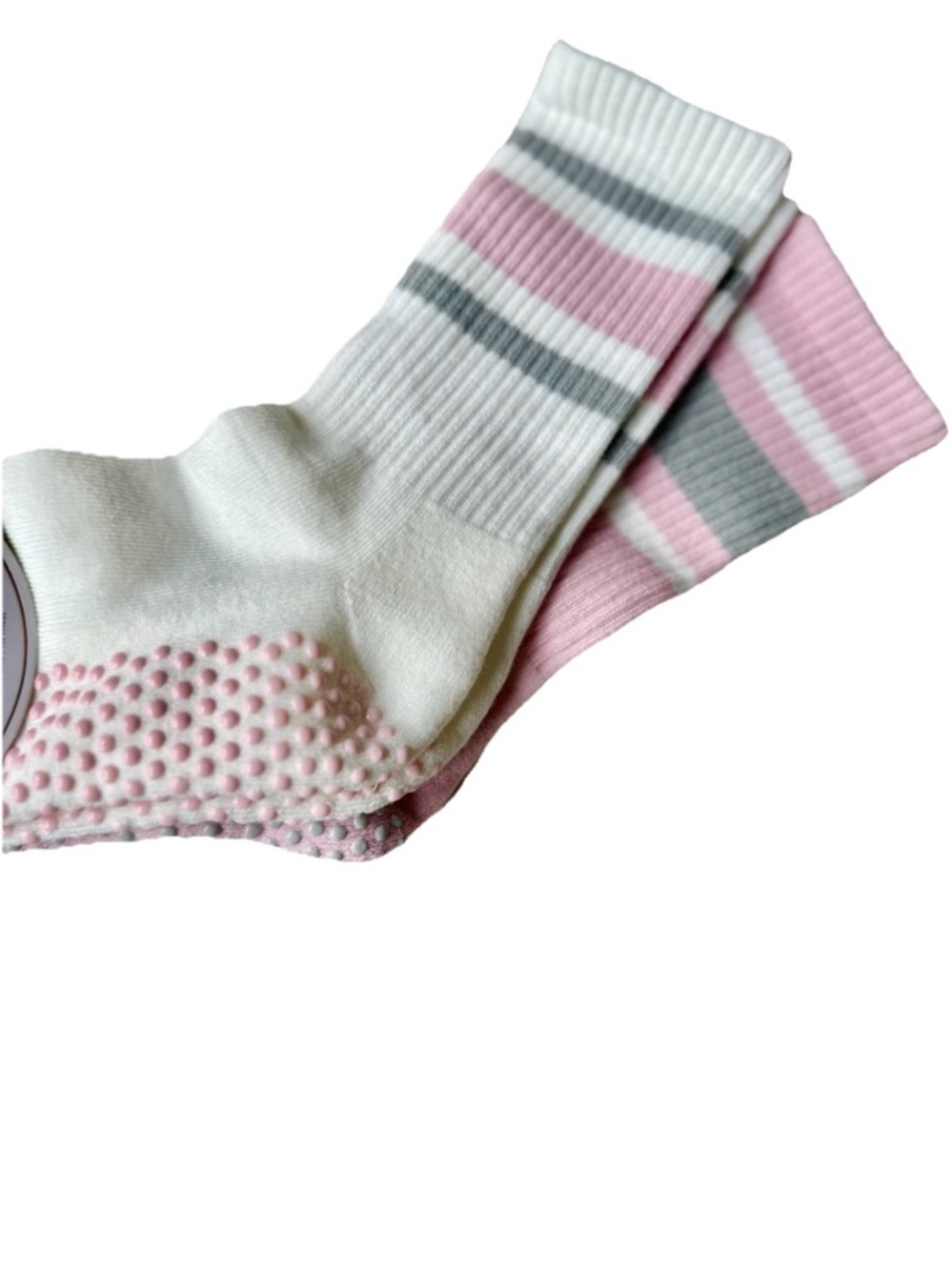 2 pack Balance Collection Pink, White & Gray Striped Non-Slip Crew Socks OS  NEW